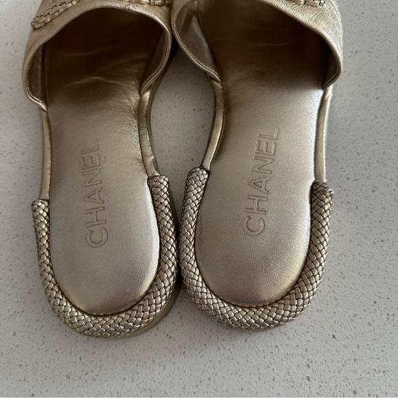 Chanel Metallic Gold Lambskin Braided Rope Logo Mule Flats Sandals Slides - Picture 6 of 7